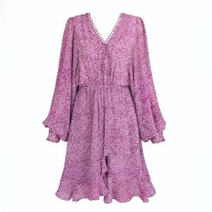 Aconiconi Pink Printed Floral Chiffon Long Sleeve Mini Dress- Small